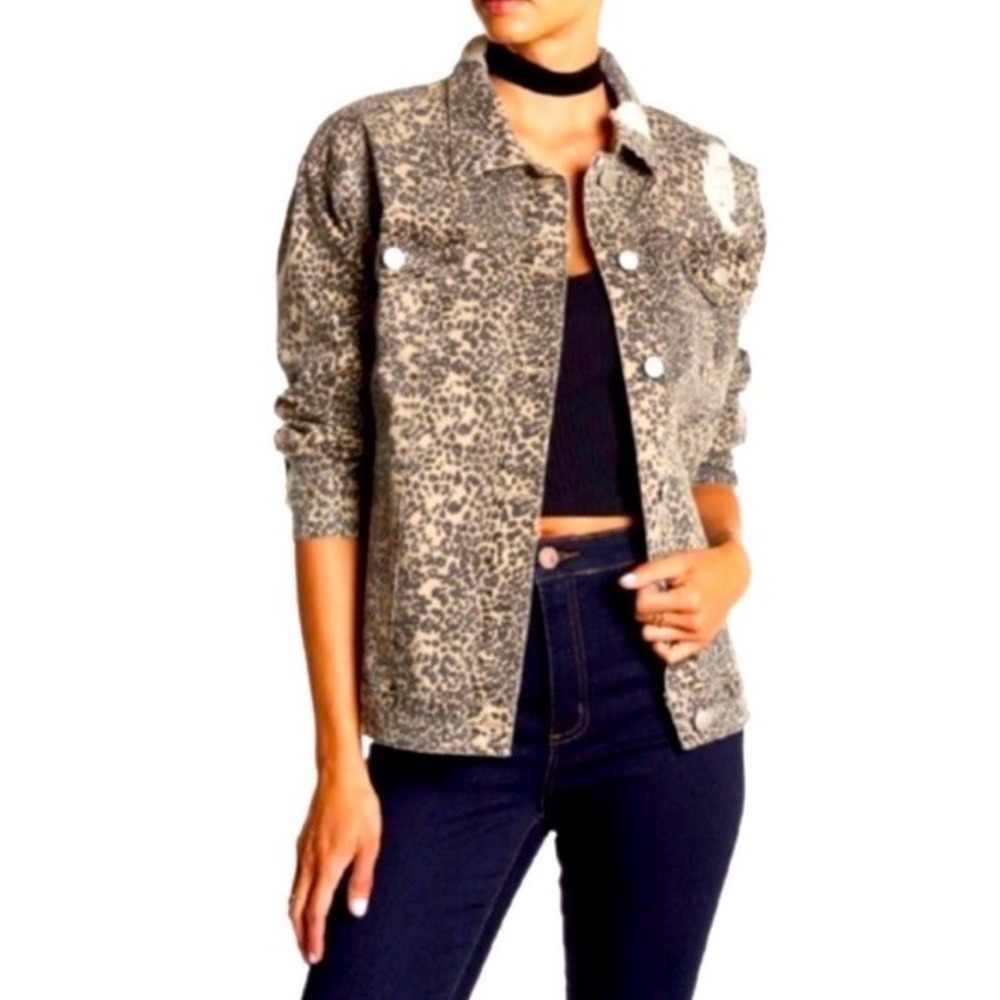 Ashley Mason Trucker Jacket Distressed Leopard Print Stretch Brown Womens Size S